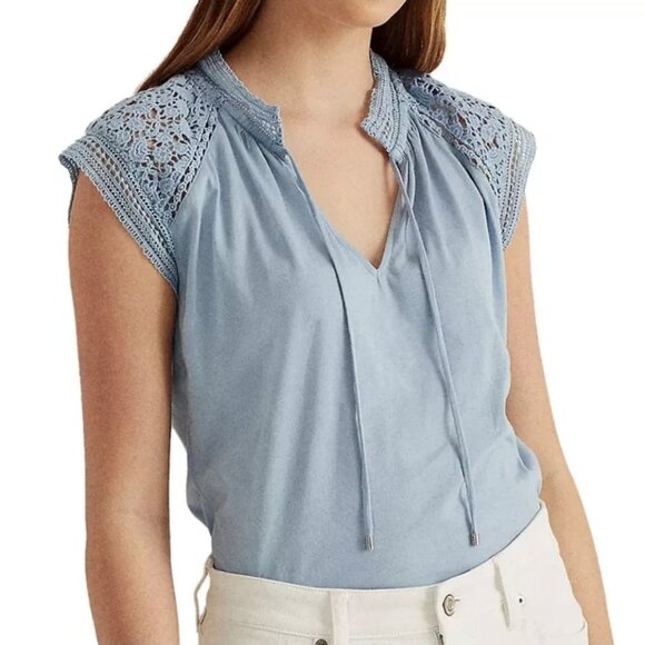 RALPH LAUREN Slub Jersey Flutter-Sleeve Top, Dust Blue, Size L - Picture 1 of 5